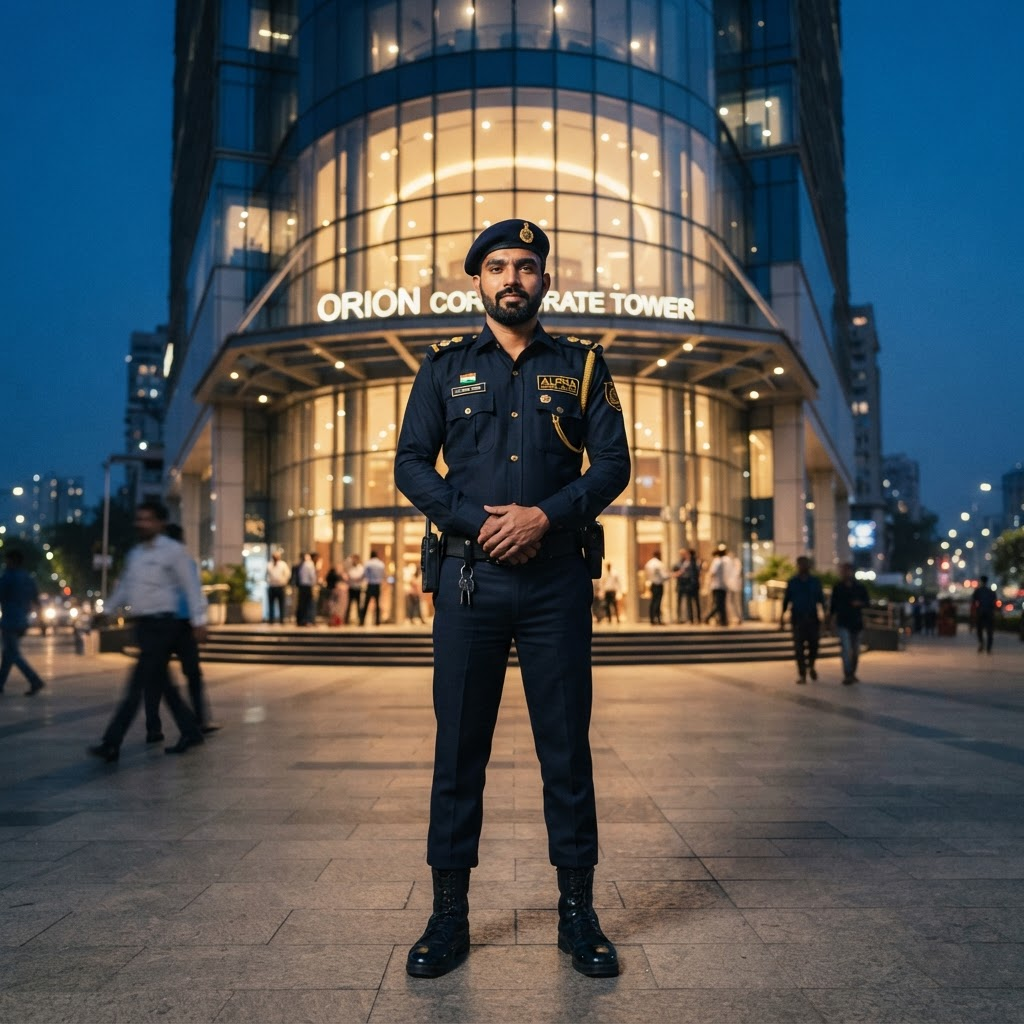 Professional MNR security guard on duty in front of a corporate building