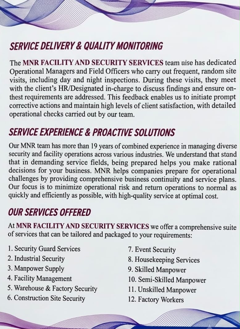 MNR service delivery, quality monitoring and full list of services offered